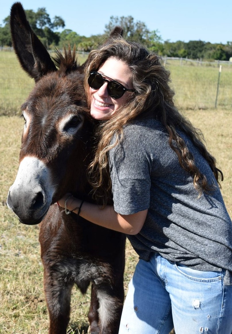woman hugging donkey